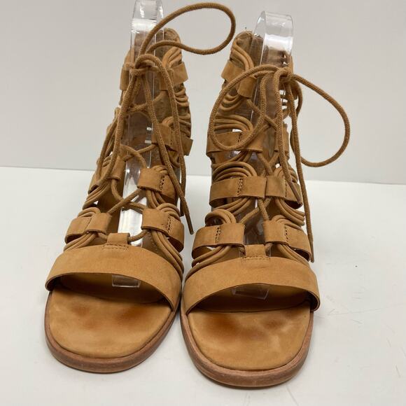 Vince Camuto | Kaiann Tan Suede Leather Lace Up Cut Out Block Heel Sandals - Picture 5 of 11
